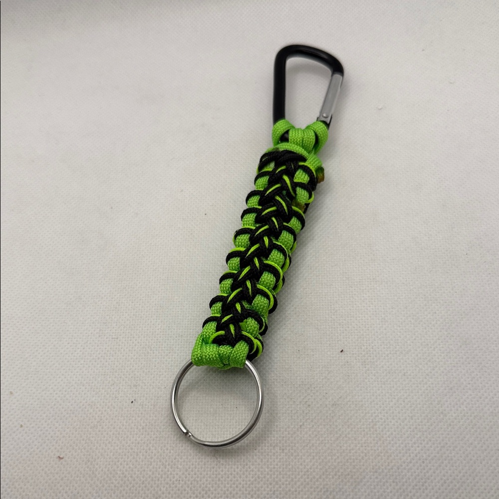 Handmade Neon Green and Black Paracord Keychain with Carabiner